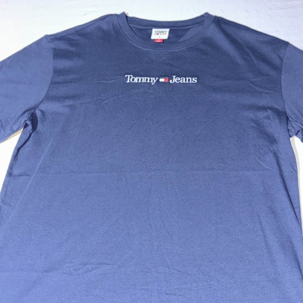 Tommy Jeans Hilfiger T-Shirt Mens M Navy Blue Center Logo Spellout Crew Neck Tee